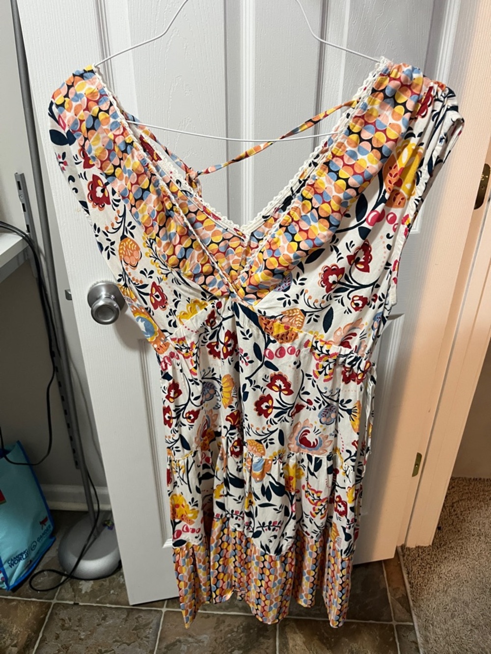 Angie Multicolor Circle Print Summer Dress with Lace Trim